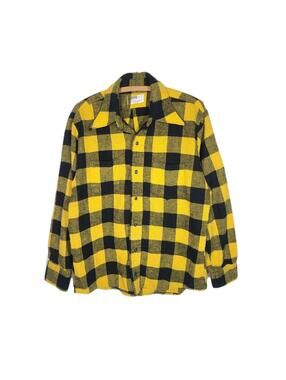 Vintage 1970s Montgomery Ward Yellow Buffalo Plaid Woven Button Up Large Retro